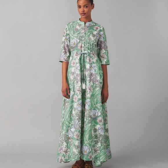 Tory Burch Printed Shirtdress Maxi Beach Dress Caftan M Hibiscus